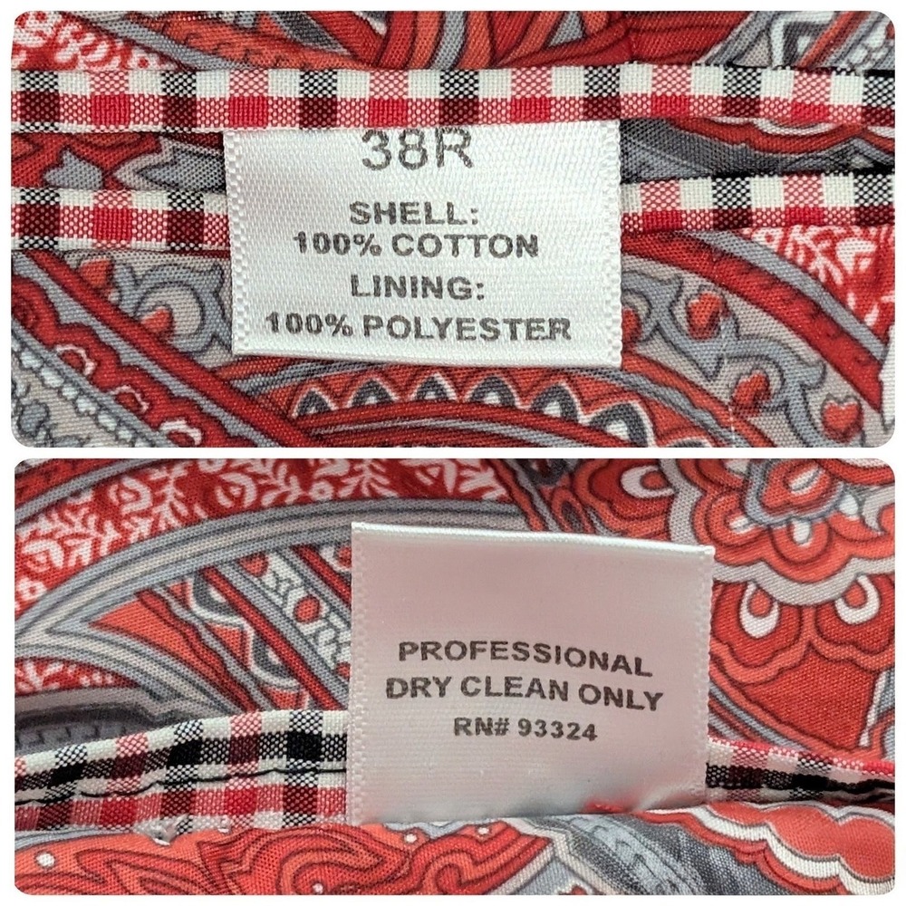 Adolfo Blazer 38R Cotton Crimson Red Gingham Summer Breeze Paisley Elbow Patches - Picture 15 of 15